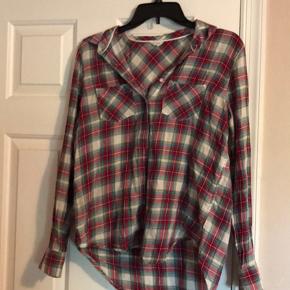 Red white and blue thin plaid button up
